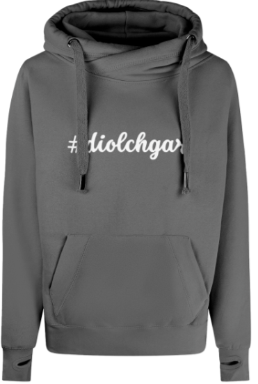 Gray hoodie with '#diolchgar' text on a white background