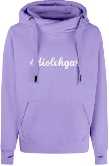 Purple hoodie with '#diolchgar' text on a white background