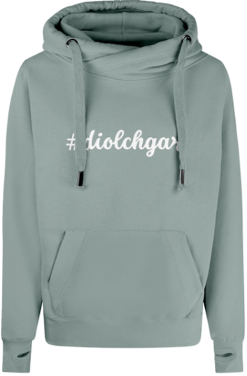 Green hoodie with '#diolchgar' text on a white background