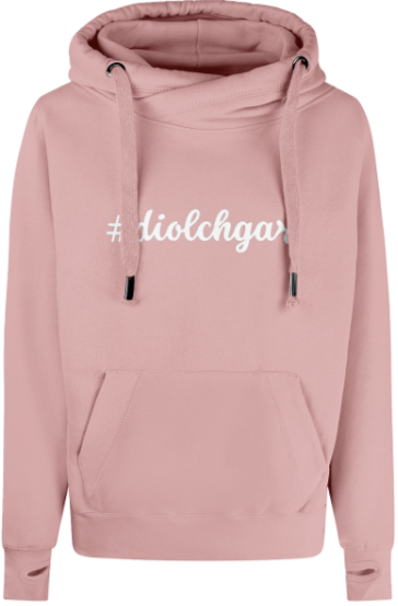 Pink hoodie with '#diolchgar' text on a white background