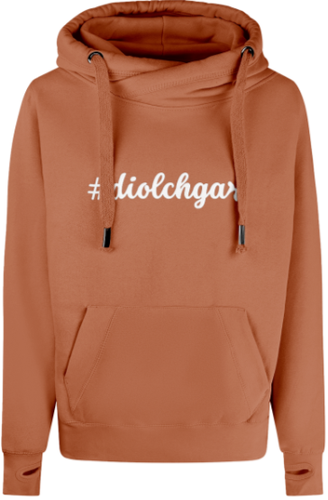 Burnt orange hoodie with '#diolchgar' text on a white background