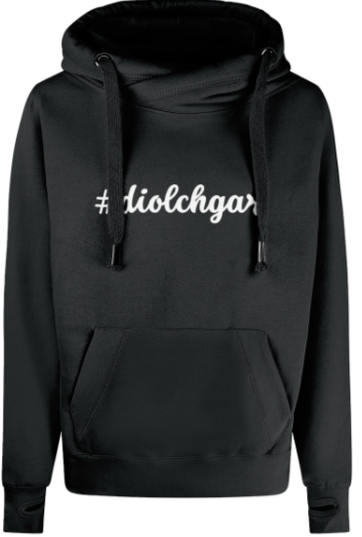 Black hoodie with '#diolchgar' text on a white background