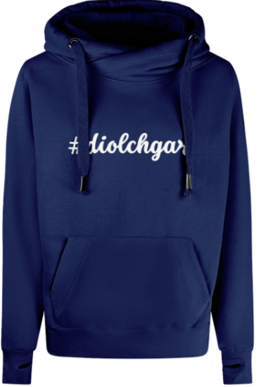 Navy blue hoodie with white text '#diolchgar' on a white background