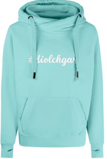 Light green hoodie with '#diolchgar' text on a white background
