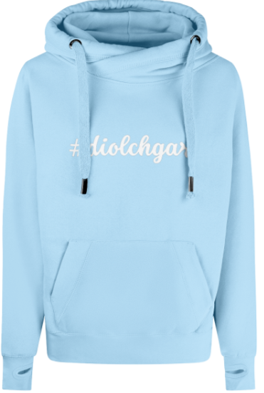 Light blue hoodie with text on a white background