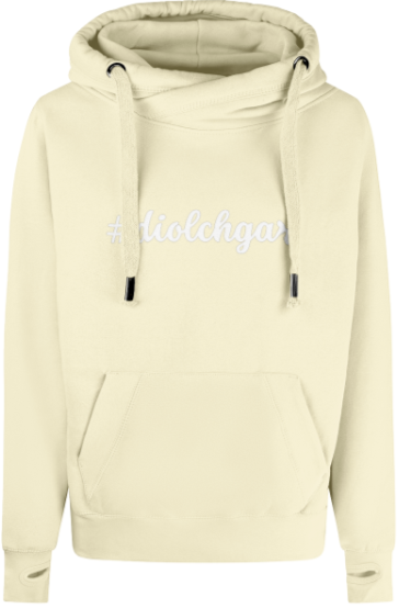 Beige hoodie with text on a white background