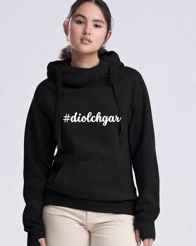 #diolchgar Premium Cross-neck Hoodie - Welsh Women's Clothing