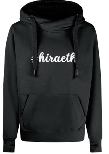 Black hoodie with white text on a white background