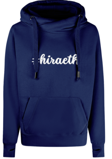 Navy blue hoodie with 'hiraeth' text on a white background