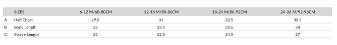 Measurement chart for head sizes with dimensions in centimeters